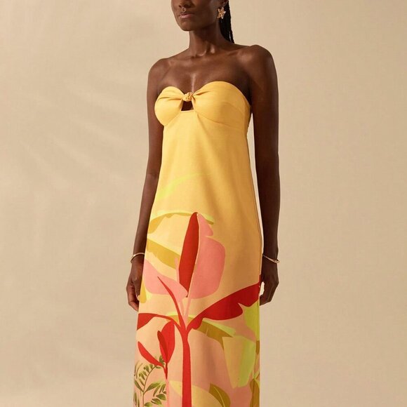 Multicolor Boho Womens Tropical Print Sleeveless Hollow Knot Tube Top Dress - Picture 3 of 7